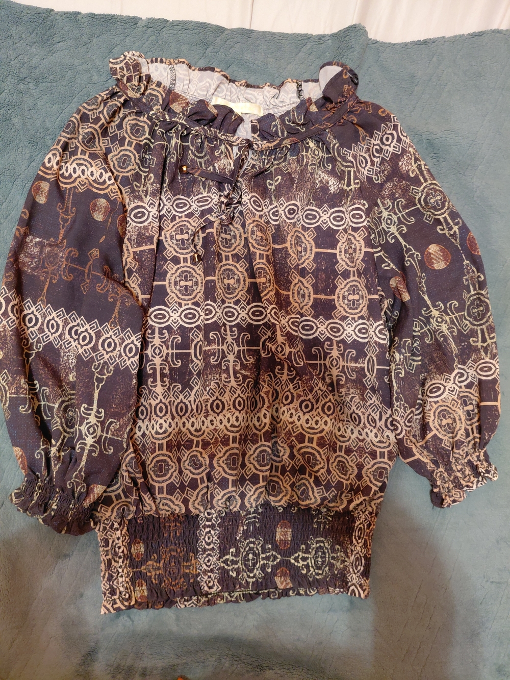 Boho Printed Peasant Top - Black & Tan